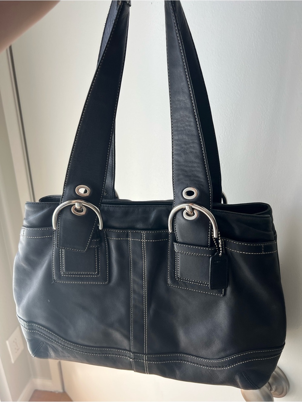 Classic Coach Soho Black Leather Shoulder Bag with Silver Hardware